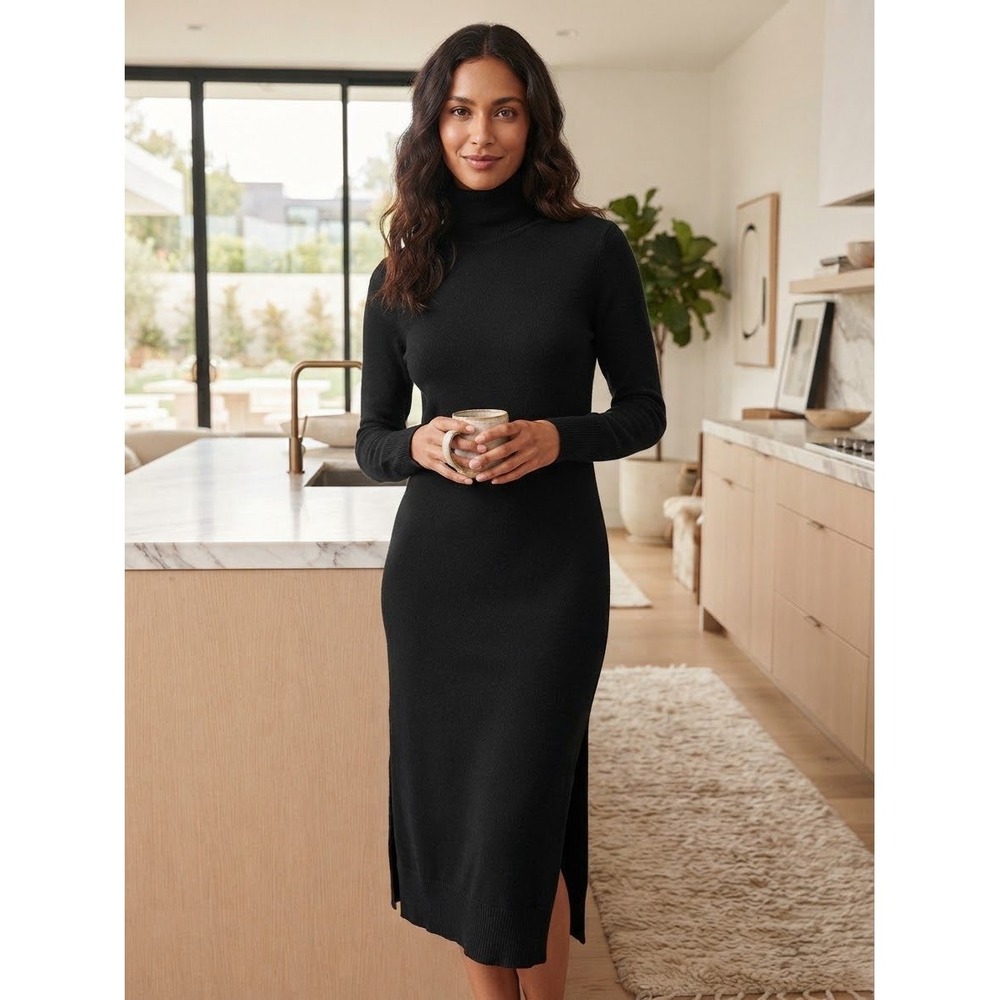 Free Assembly Women Sweater Dress Black M Turtleneck Midi Long Sleeve Slit